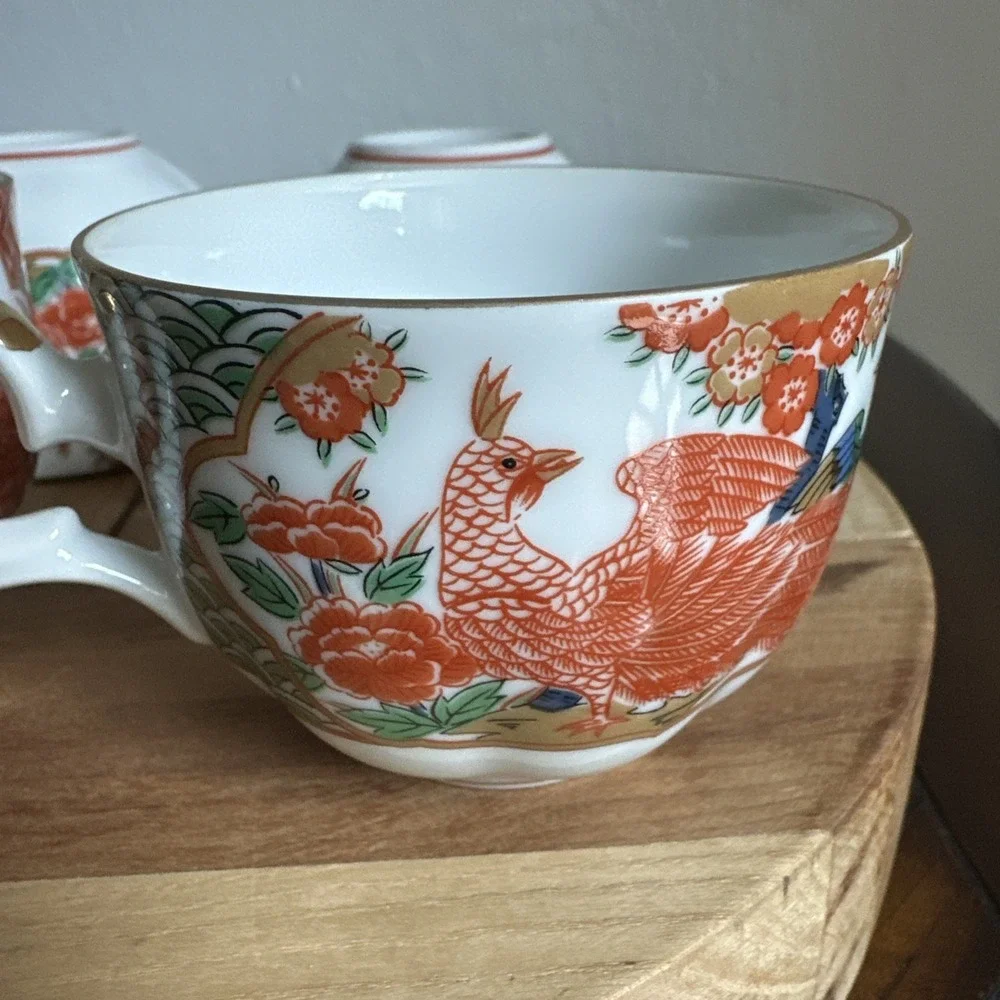 Imari Arita Peacock Coffee Or Tea Cups Made In Japan Set Of 4 Signed Ornate